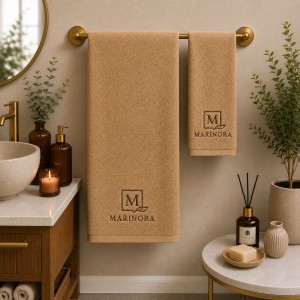 Logolu El ve Banyo Havlusu Takımı Deve Tüyü Rengi 50x90cm 70x140cm